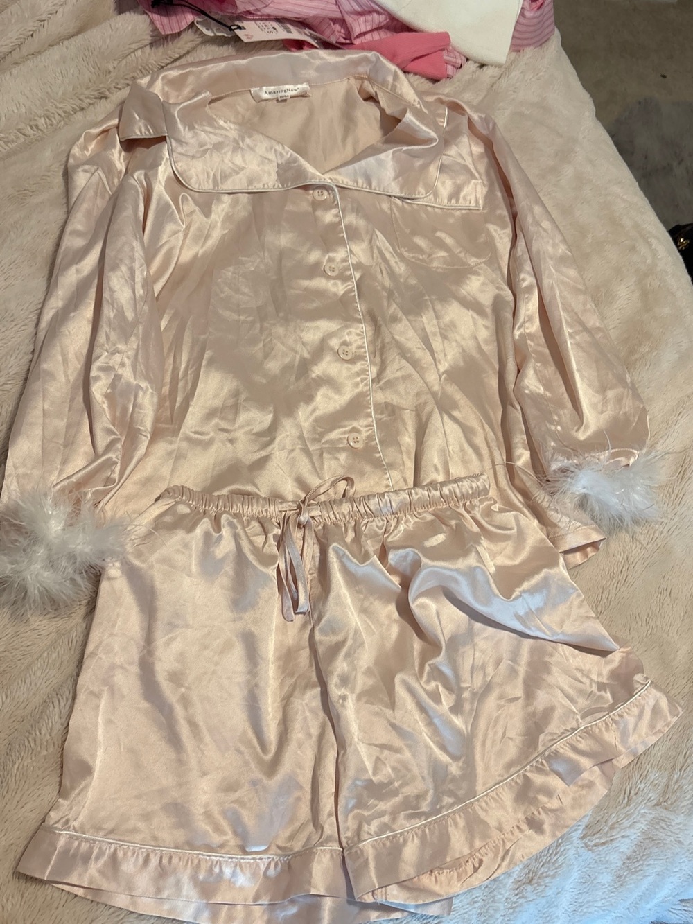Silky Feather-Trim Pajama Set - Blush Pink